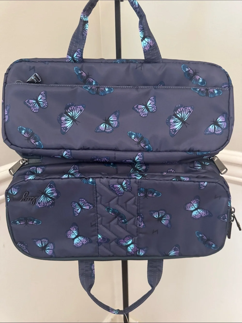 LUG Butterfly grey flatbed slim  Cosmetic Bag w/heat resistant compartment NWT